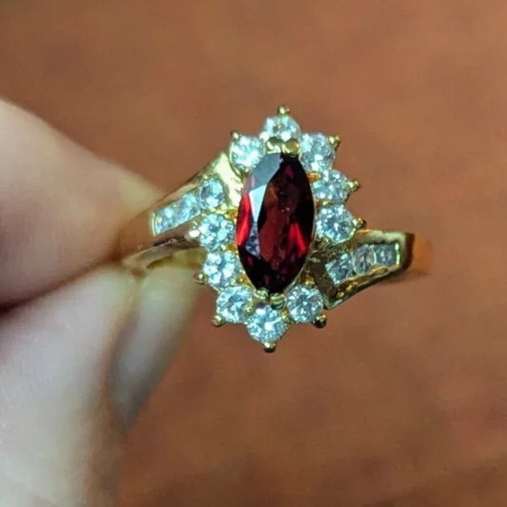 Marquee Cut Garnet Ring Bypass Joseph Cleary‎ Gold Tone Red Statement JC